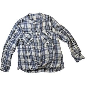 Chicos Blue White Plaid Tie Front Button Down Shirt Size 2 US 12/14 Rayon Top
